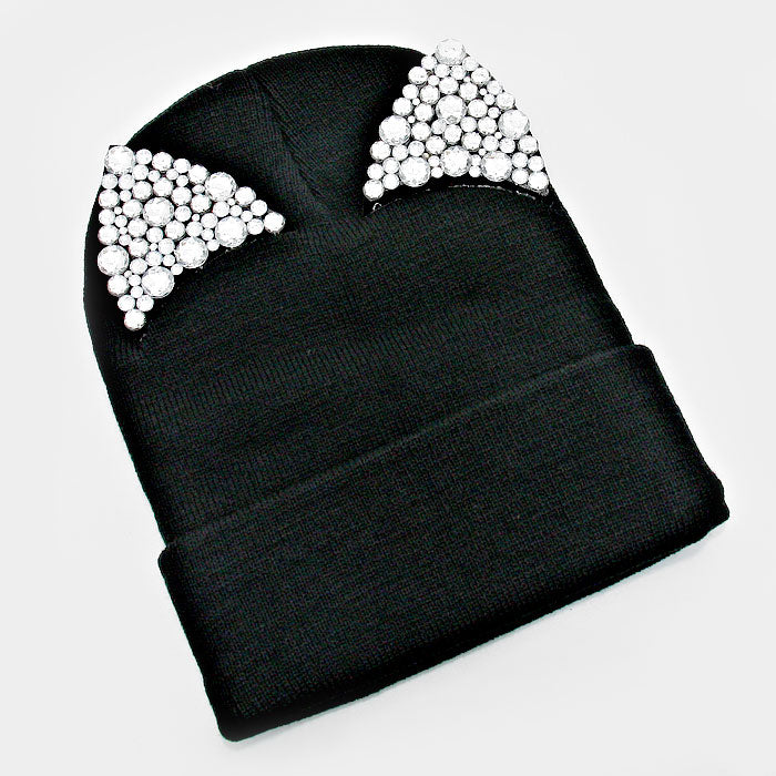 iLLASPARKZ Bling Crystal Studded Cat Ear Fold Over Knit Beanie Hat