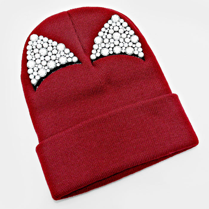 iLLASPARKZ Bling Crystal Studded Cat Ear Fold Over Knit Beanie Hat