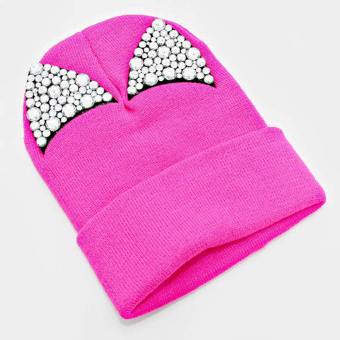 iLLASPARKZ Bling Crystal Studded Cat Ear Fold Over Knit Beanie Hat