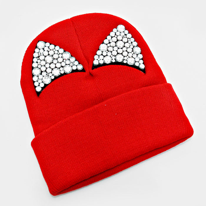 iLLASPARKZ Bling Crystal Studded Cat Ear Fold Over Knit Beanie Hat