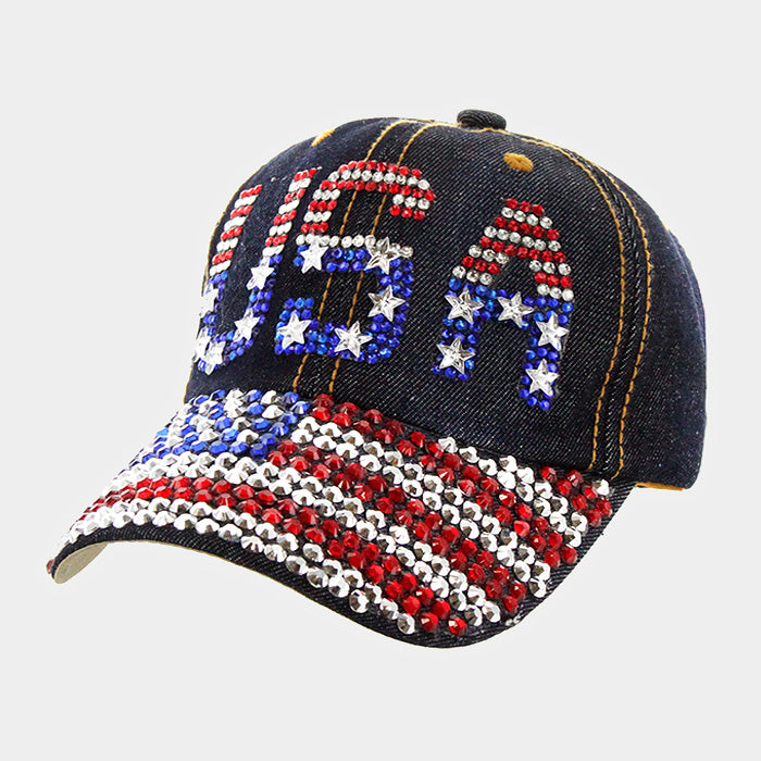 iLLASPARKZ Bling Studded American USA Flag USA Denim Baseball Cap