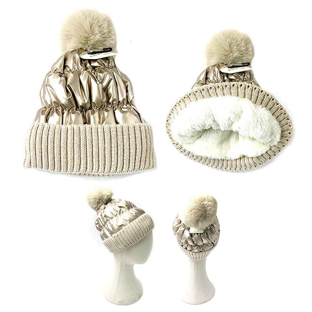 iLLASPARKZ Fleece Lining Puffer Knit Pom Pom Beanie Hat