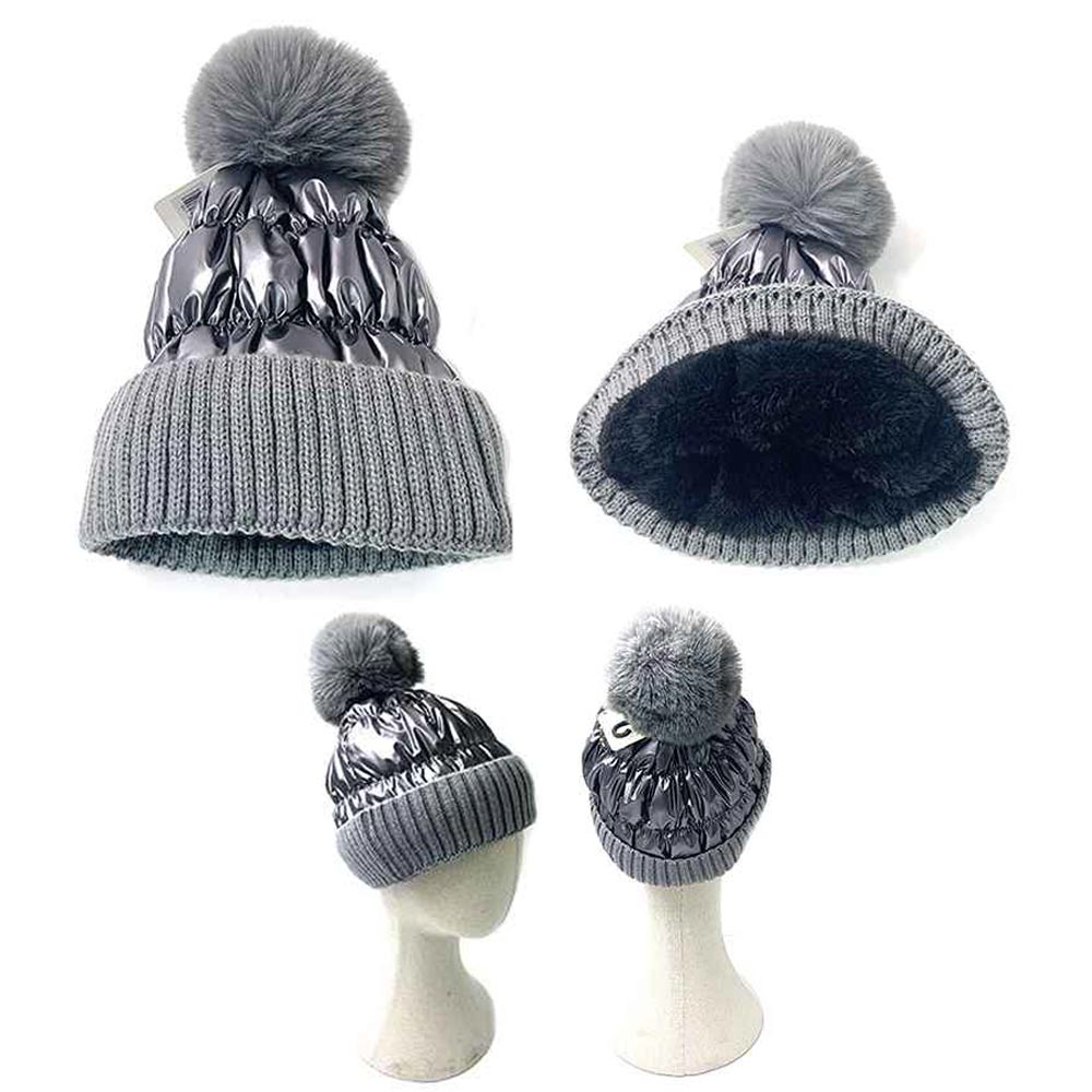 iLLASPARKZ Fleece Lining Puffer Knit Pom Pom Beanie Hat