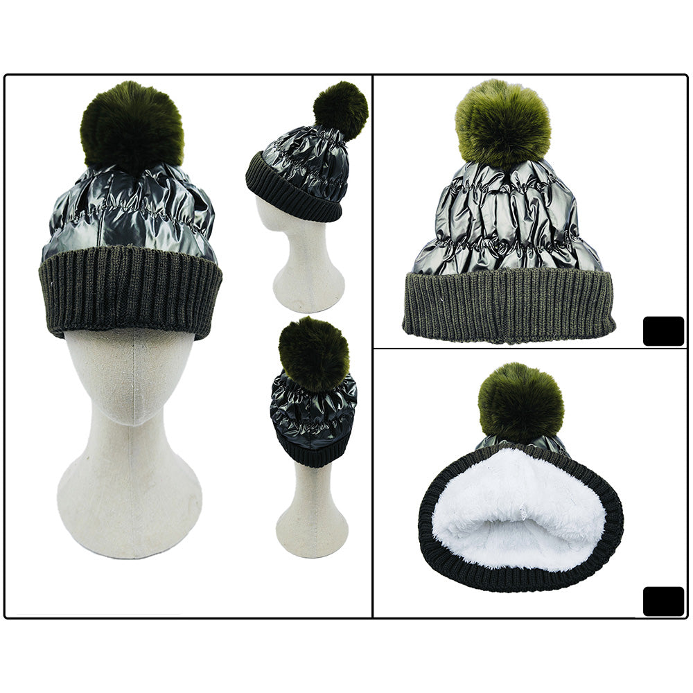 iLLASPARKZ Fleece Lining Puffer Knit Pom Pom Beanie Hat