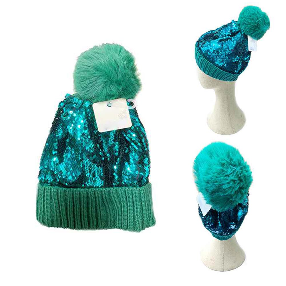 iLLASPARKZ Sequin Knit Pom Pom Beanie Hat