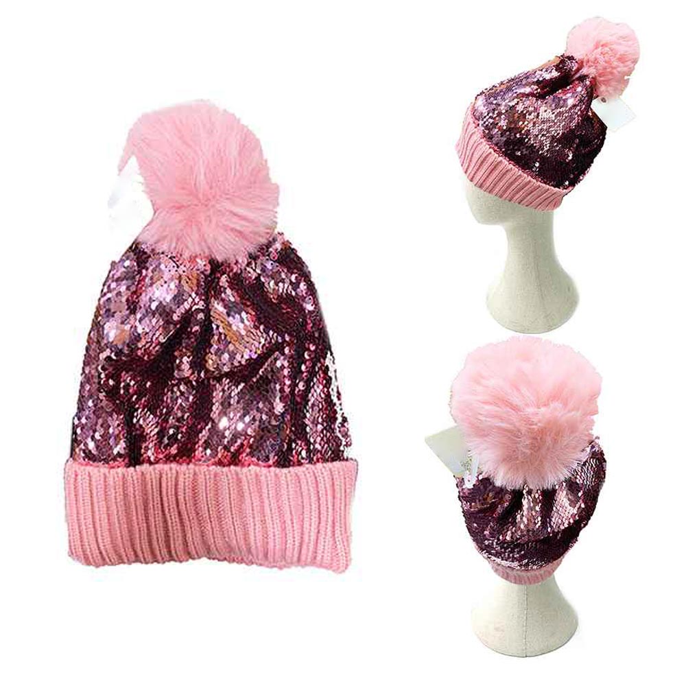 iLLASPARKZ Sequin Knit Pom Pom Beanie Hat