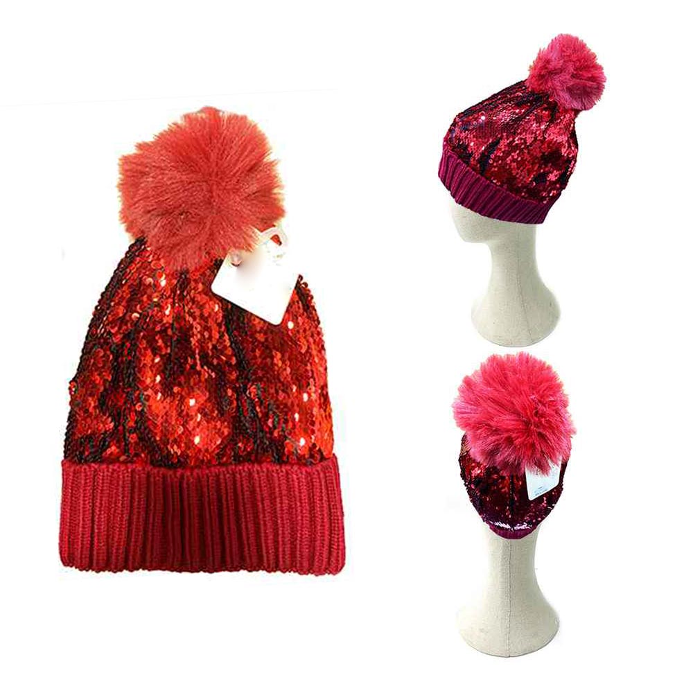 iLLASPARKZ Sequin Knit Pom Pom Beanie Hat