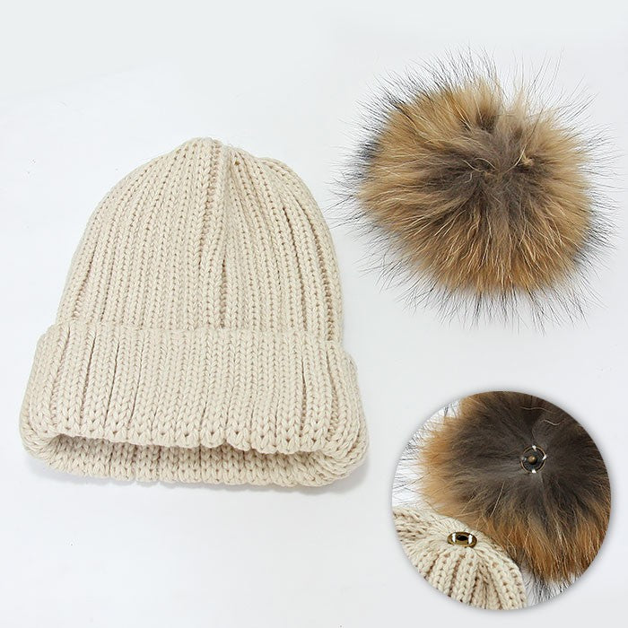 iLLASPARKZ Detachable Genuine Fox Fur Pom Pom Fold Over Knit Beanie Hat