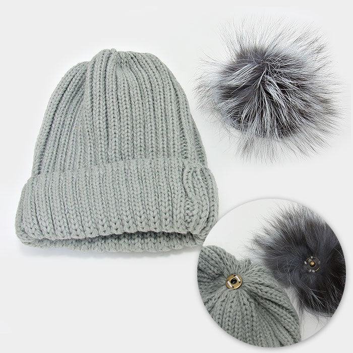 iLLASPARKZ Detachable Genuine Fox Fur Pom Pom Fold Over Knit Beanie Hat