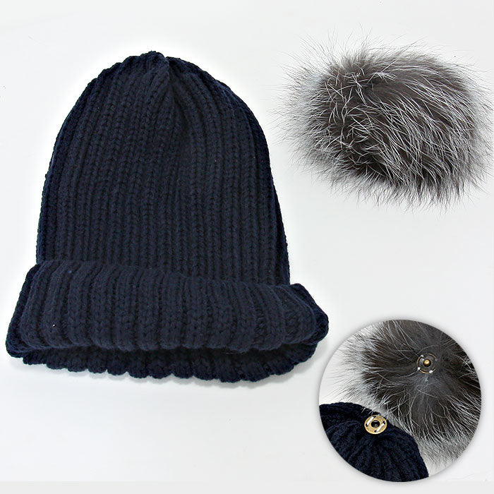 iLLASPARKZ Detachable Genuine Fox Fur Pom Pom Fold Over Knit Beanie Hat