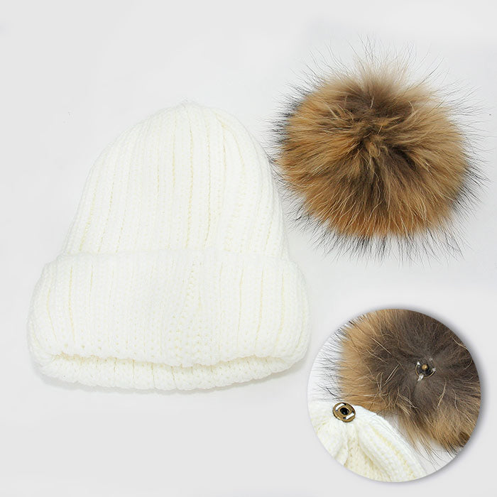 iLLASPARKZ Detachable Genuine Fox Fur Pom Pom Fold Over Knit Beanie Hat