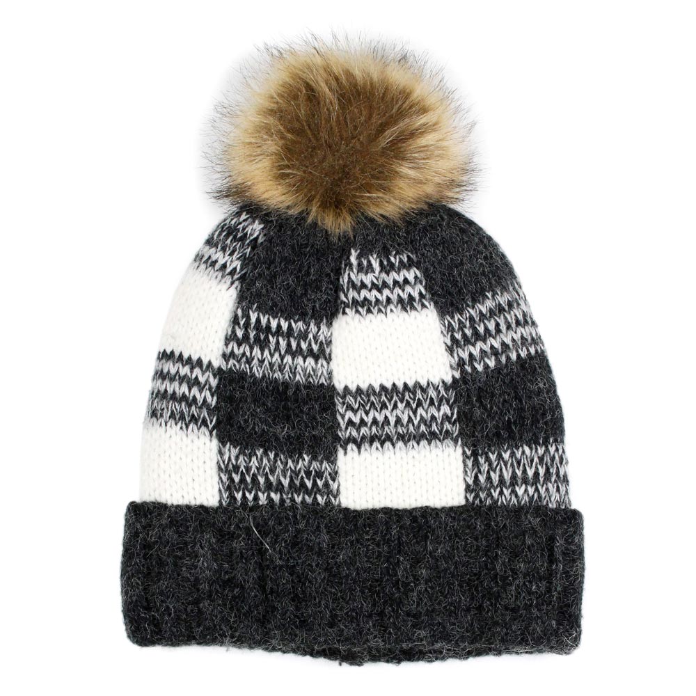 iLLASPARKZ Buffalo Check Pattern Faux Pom Pom Knit Beanie Hat