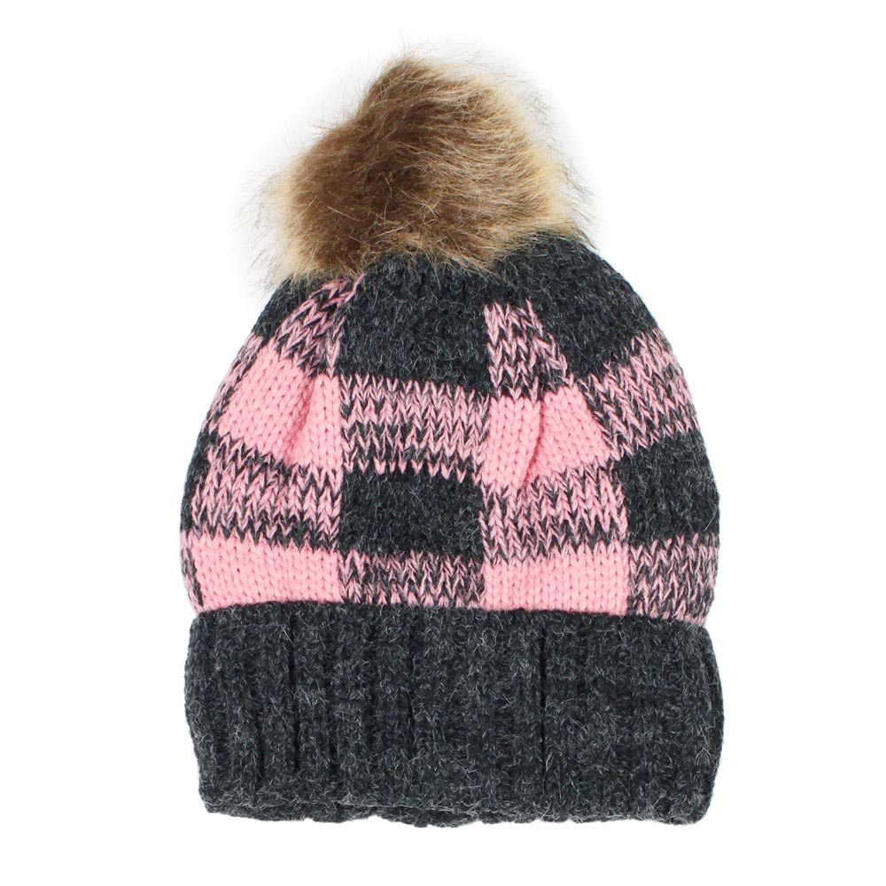 iLLASPARKZ Buffalo Check Pattern Faux Pom Pom Knit Beanie Hat