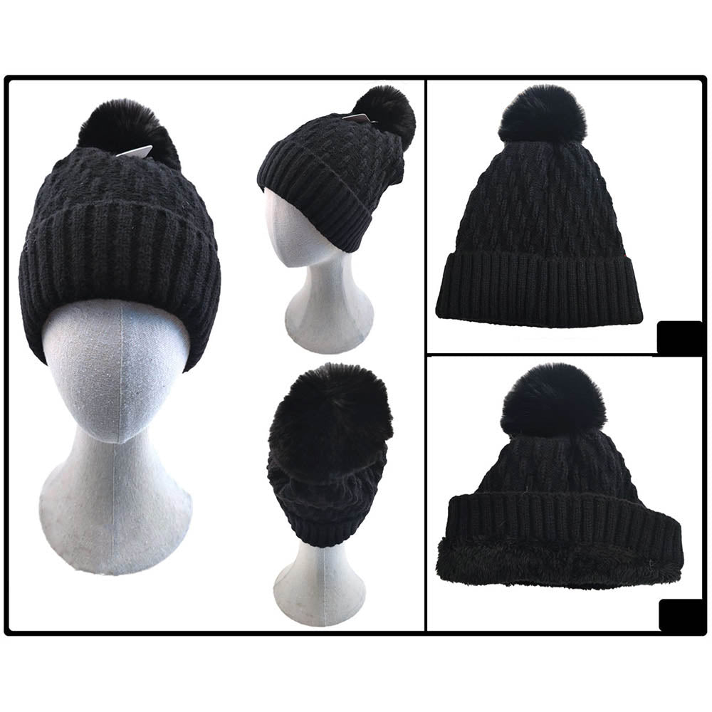 iLLASPARKZ Fleece Lining Solid Knit Faux Fur Pom Pom Beanie Hat