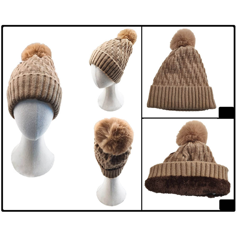 iLLASPARKZ Fleece Lining Solid Knit Faux Fur Pom Pom Beanie Hat