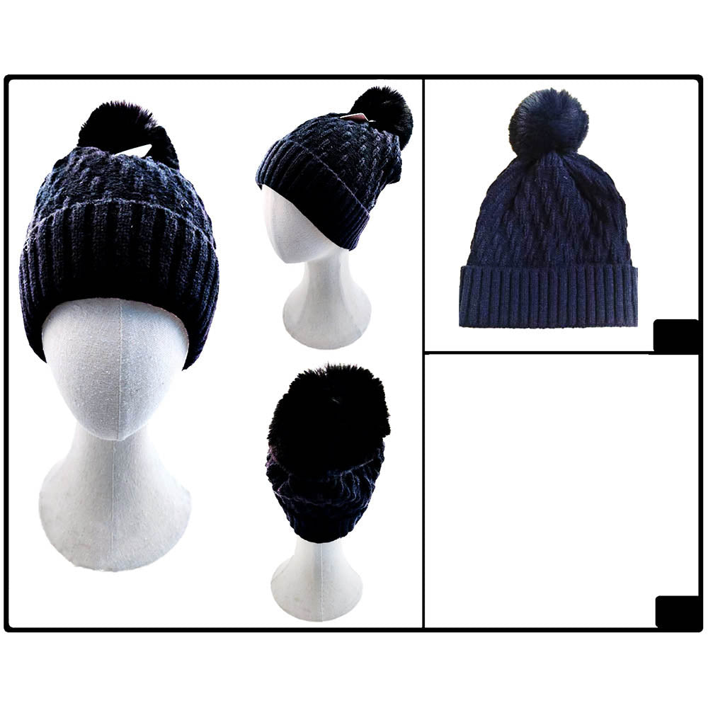 iLLASPARKZ Fleece Lining Solid Knit Faux Fur Pom Pom Beanie Hat