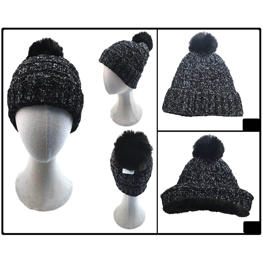 iLLASPARKZ Fleece Lining Mixed Color Knit Faux Fur Pom Pom Beanie Hat