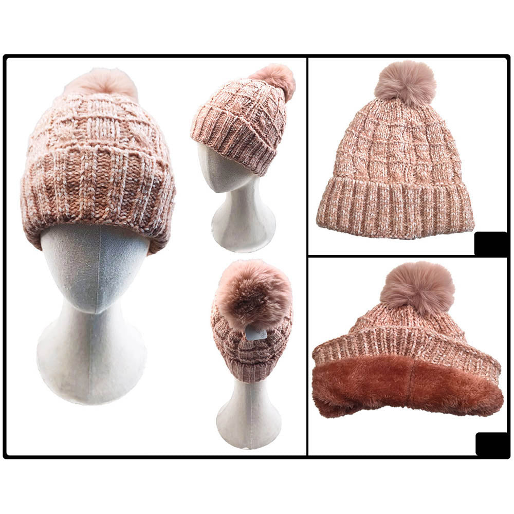 iLLASPARKZ Fleece Lining Mixed Color Knit Faux Fur Pom Pom Beanie Hat