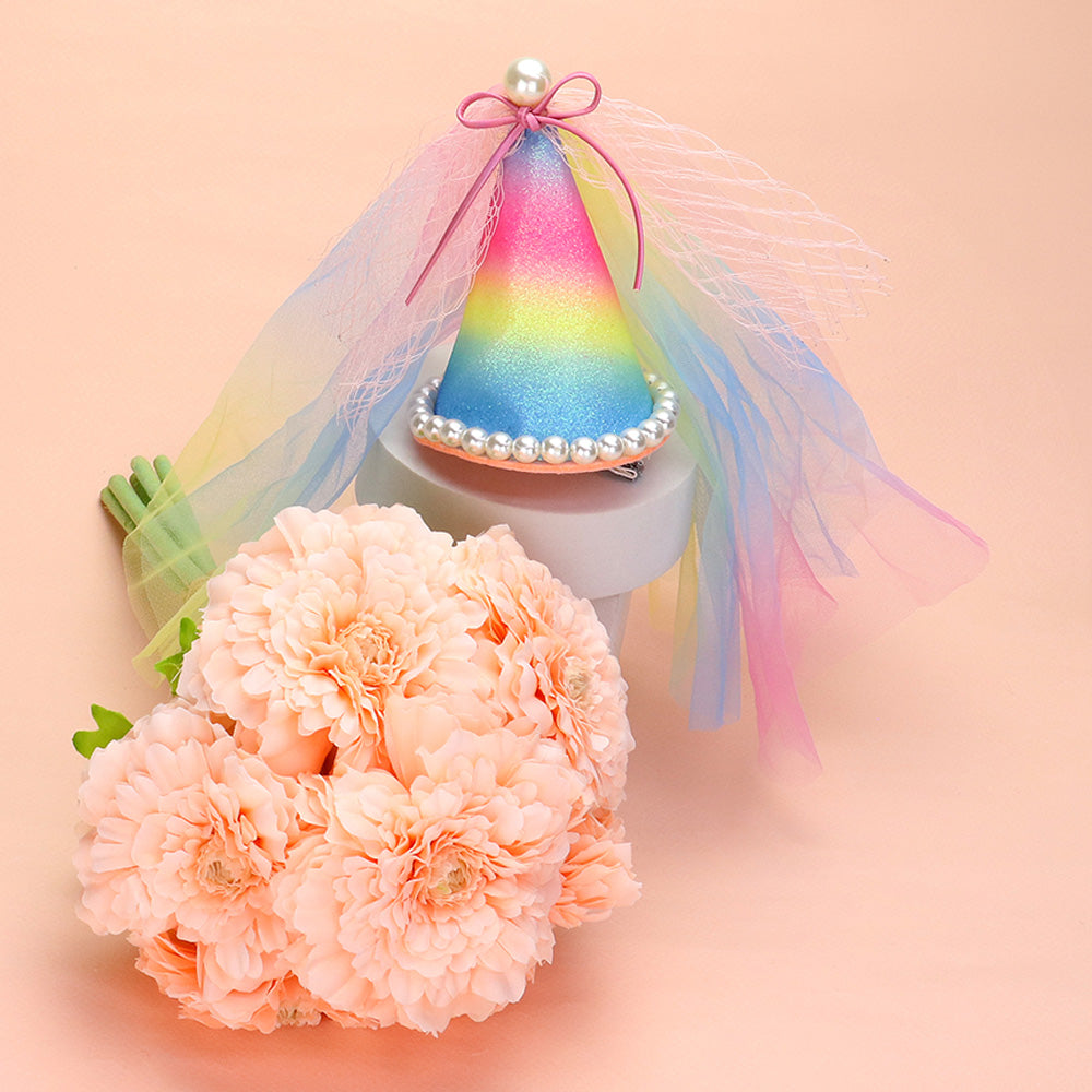 iLLASPARKZ Pearl Bow Pointed Ombre Tulle Birthday Hat Hair Clip