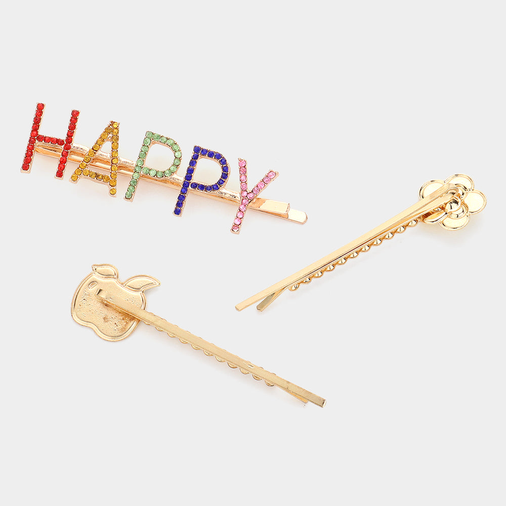 iLLASPARKZ 3PCS - Enamel Apple Flower Stone Embellished HAPPY Message Bobby Pin Hair Clips