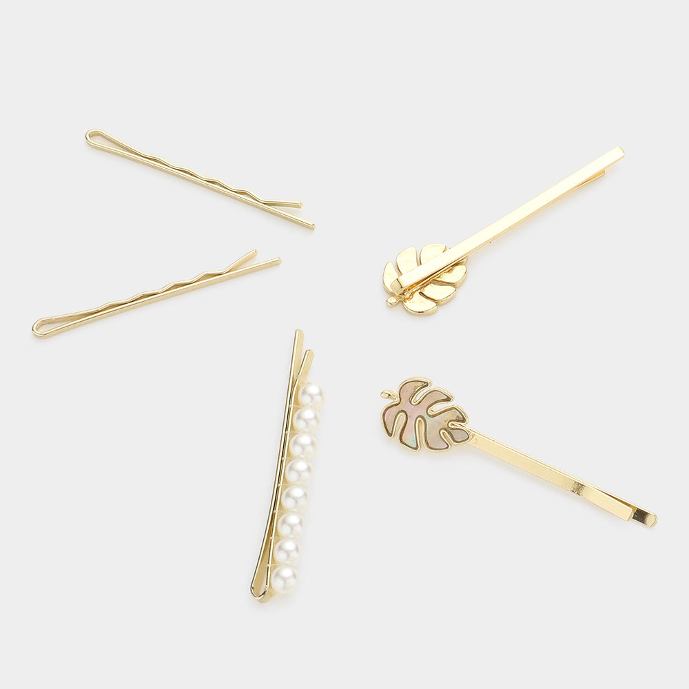 iLLASPARKZ 5PCS - Mother of Pearl Tropical Leaf Pearl Bobby Pin Hair Clips