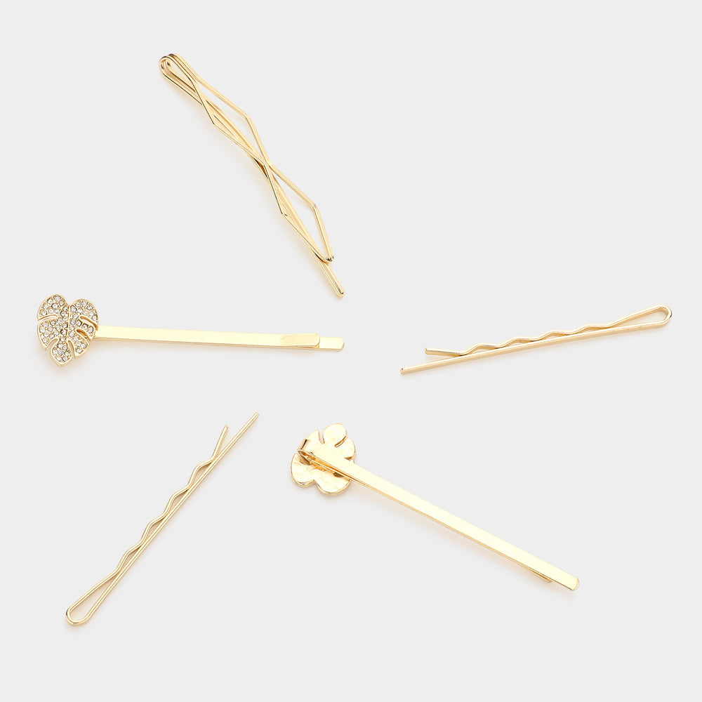 iLLASPARKZ 5PCS - Stone Embellished Tropical Leaf Bobby Pin Hair Clips