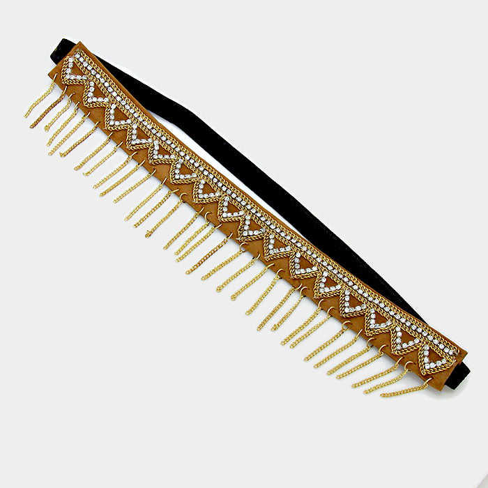 iLLASPARKZ Chevron Patterned Crystal & Metal Chain Fringe Suede Stretch Headband