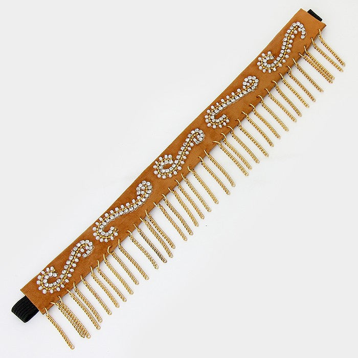 iLLASPARKZ Swirl Pattern Bead Suede Stretch Headband with Fringes