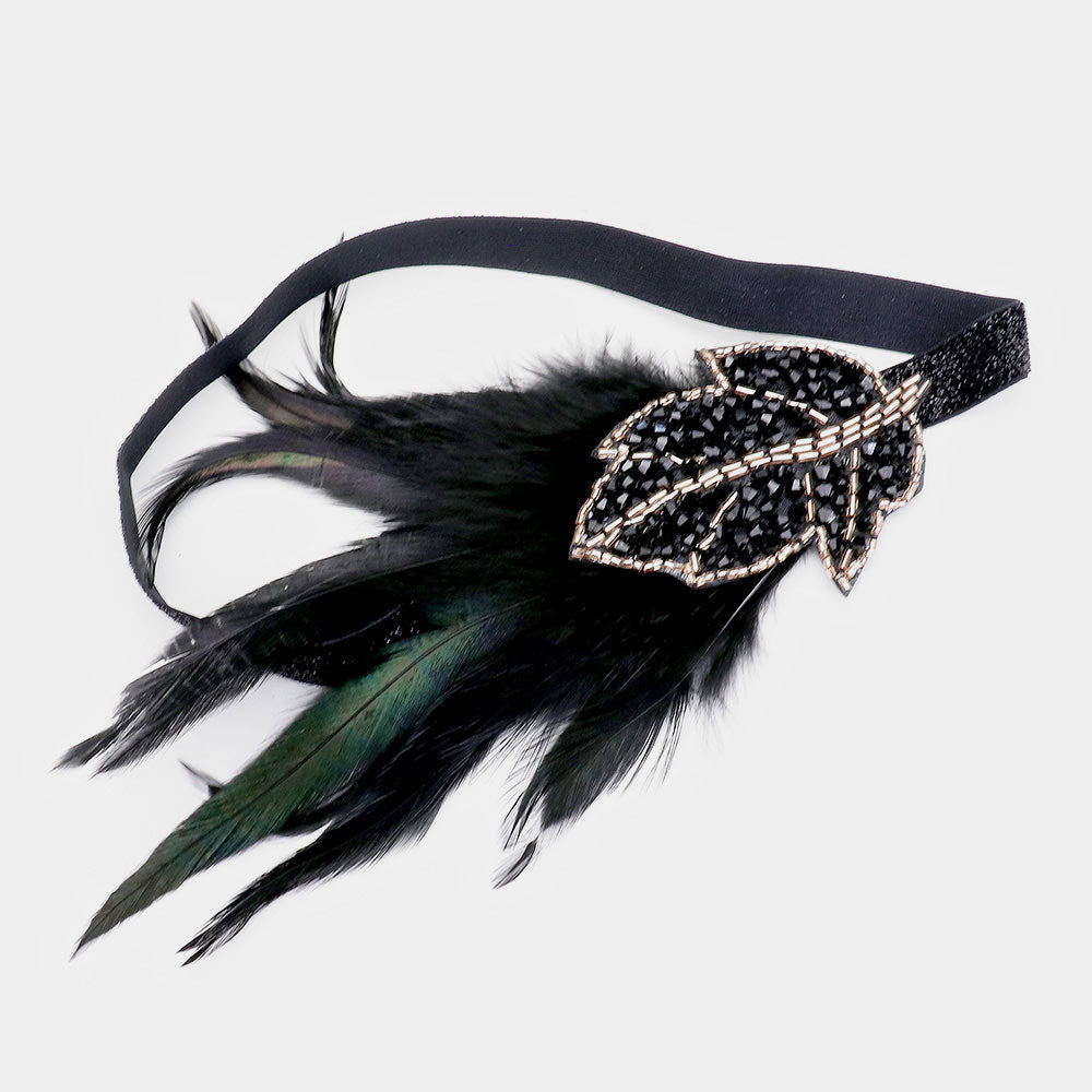 iLLASPARKZ Beaded Leaf Statement Feather Stretch Headband