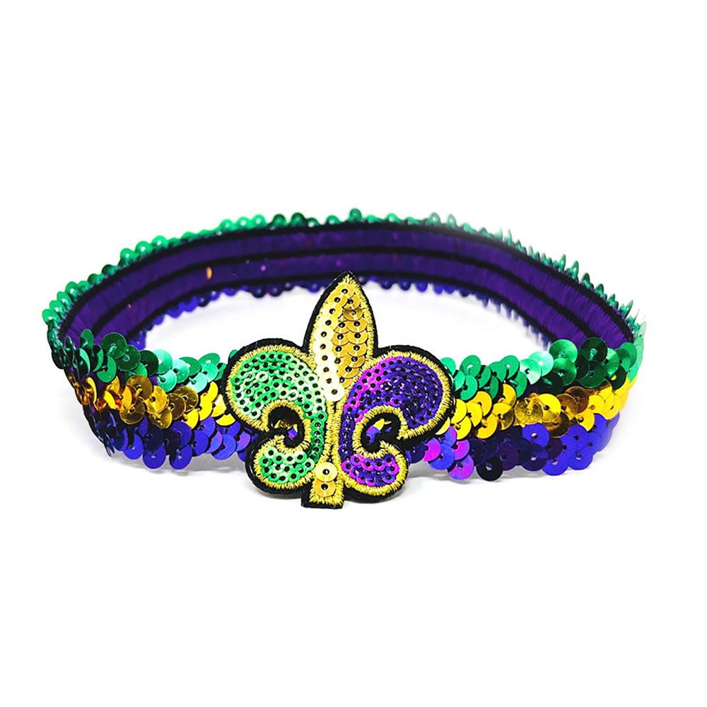 iLLASPARKZ Mardi Gras Sequin Fleur de Lis Stretch Headband