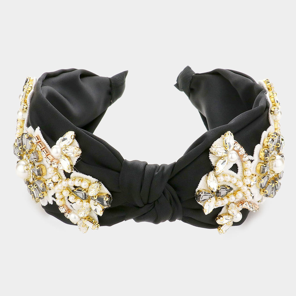 iLLASPARKZ Pearl Stone Embellished Flower Burnout Knot Headband