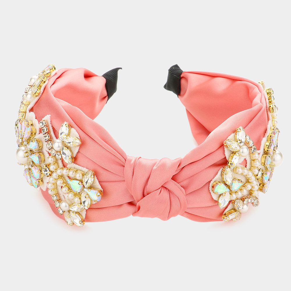 iLLASPARKZ Pearl Stone Embellished Flower Burnout Knot Headband