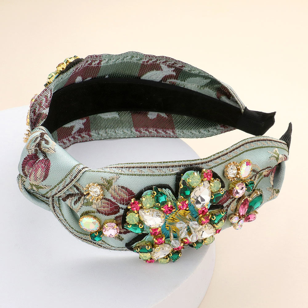 iLLASPARKZ Stone Bead Embellished Embroidery Flower Burnout Knot Headband