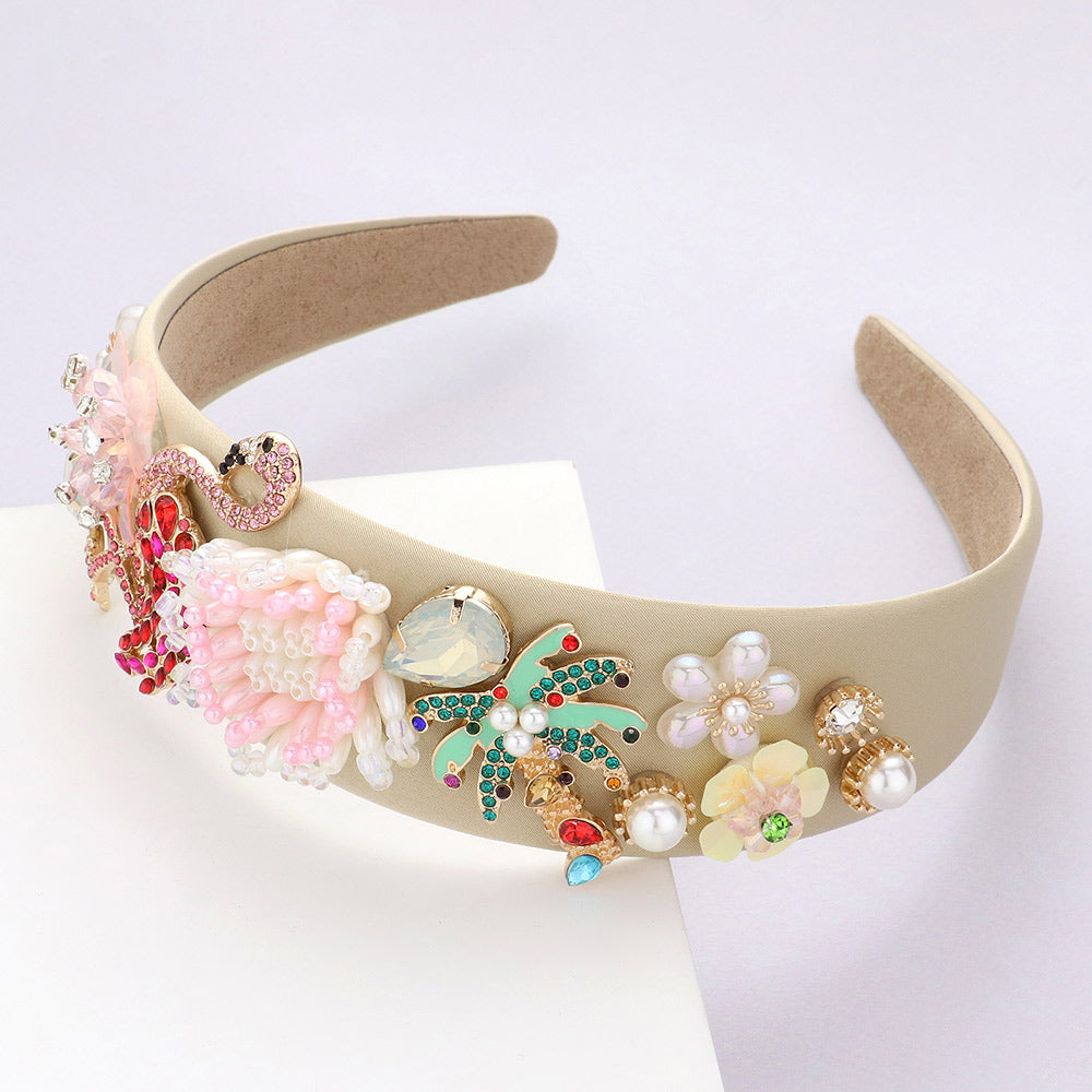 iLLASPARKZ Pearl Multi Bead Embellished Flamingo Flower Palm Tree Headband