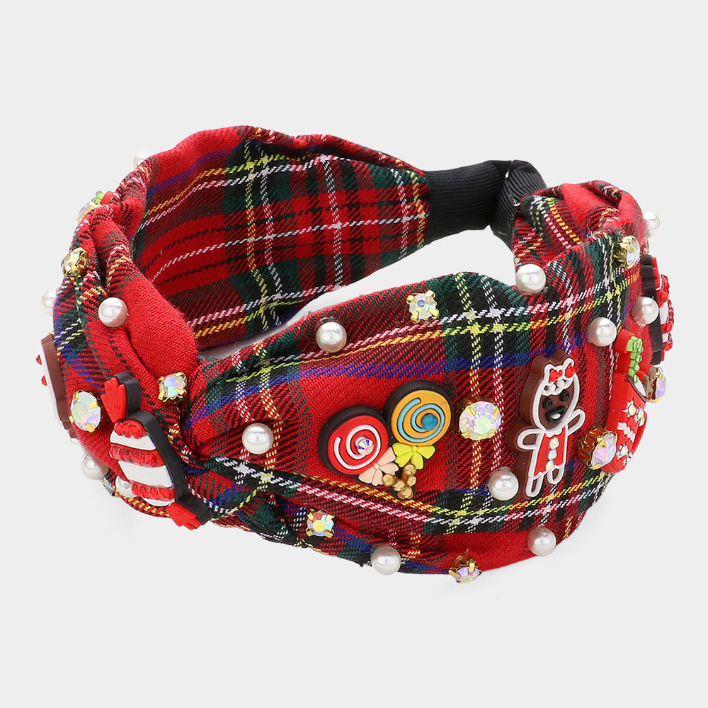 iLLASPARKZ Christmas Theme Polymer Clay Charm Pearl Embellished Tartan Check Knot Headband