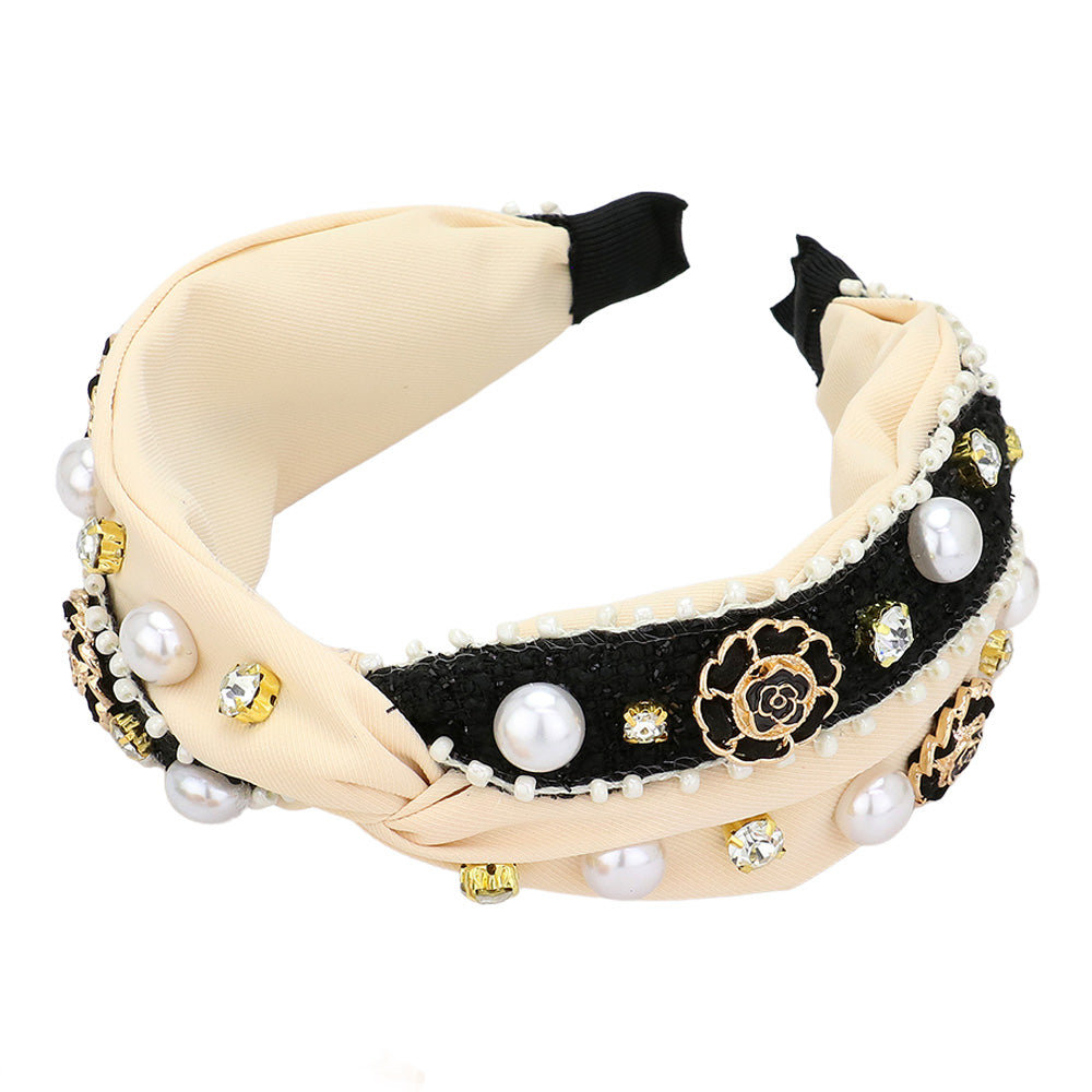 iLLASPARKZ Pearl Enamel Flower Stone Embellished Two Tone Knot Headband