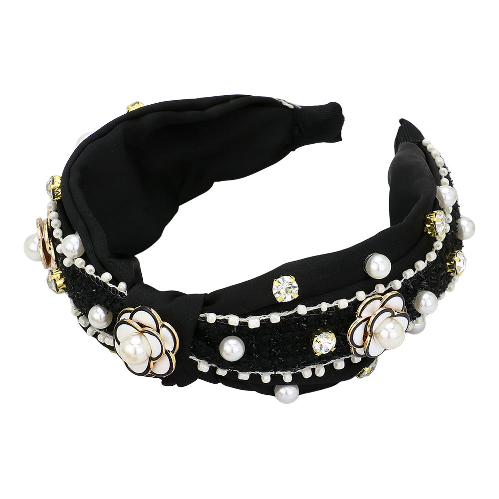 iLLASPARKZ Pearl Pointed Enamel Flower Stone Cluster Embellished Tweed Mix Headband