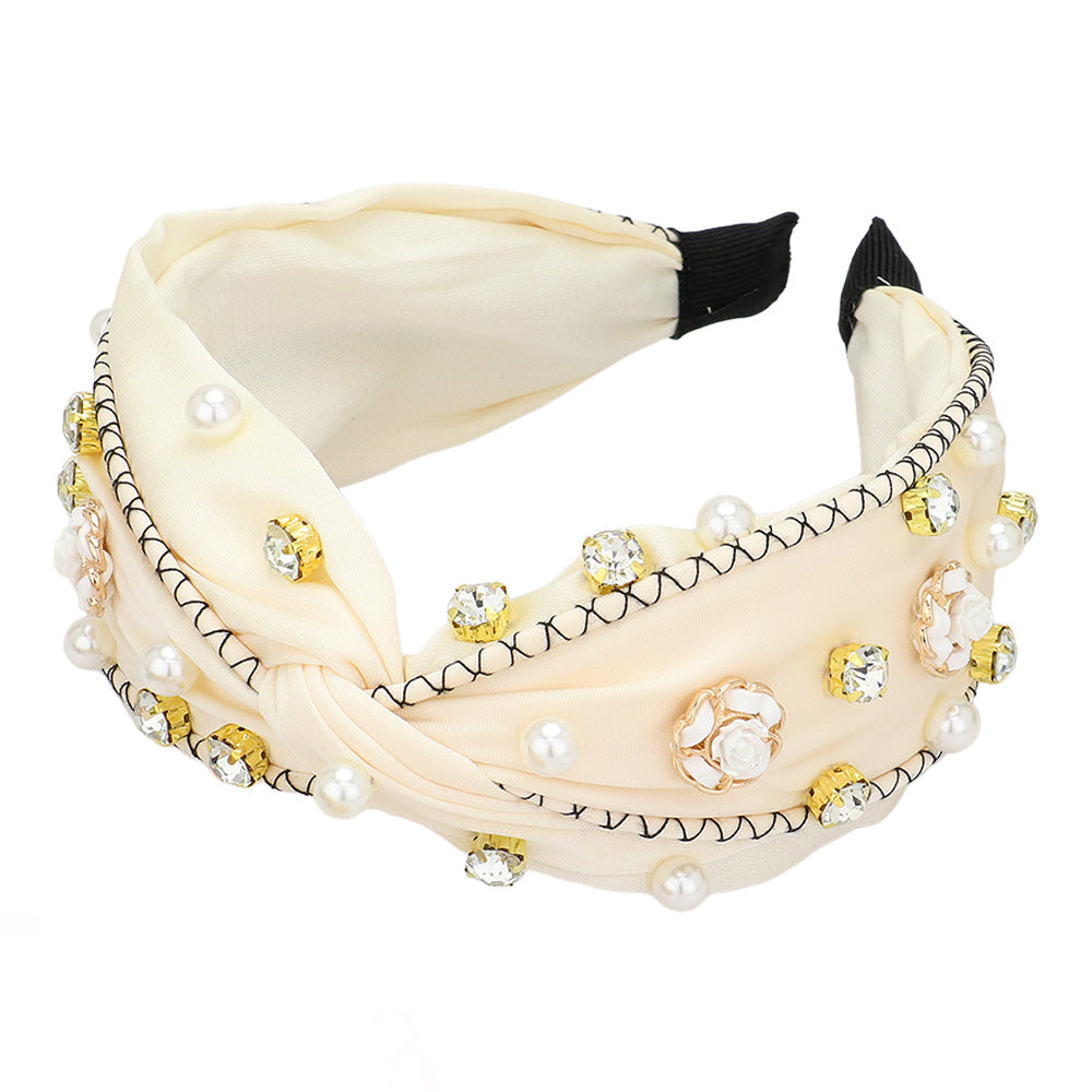 iLLASPARKZ Pearl Stone Cluster Flower Embellished Knot Headband