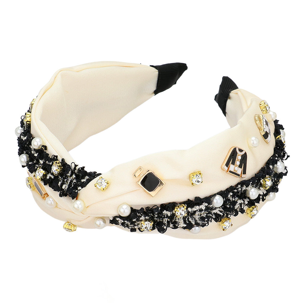 iLLASPARKZ Pearl Stone Cluster Enamel Cloth Bag Perfume Charm Embellished Tweed Mix Two Tone Knot Headband