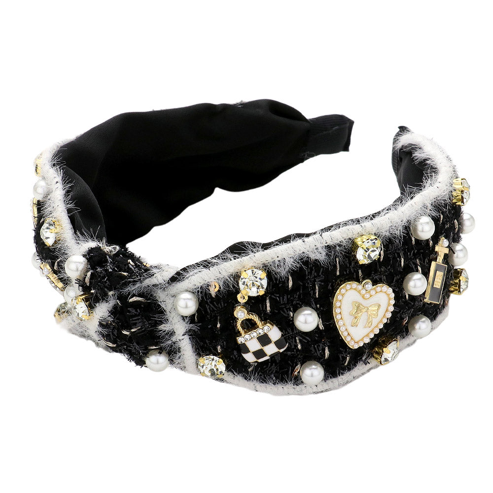 iLLASPARKZ Pearl Enamel Heart Perfum Bag Embellished Fuzzy Knot Headband