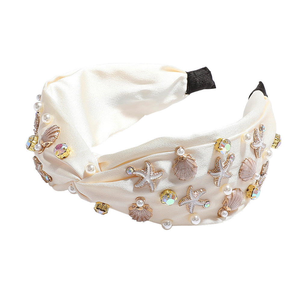 iLLASPARKZ Enamel Sea Shell Starfish Pearl Stone Cluster Embellished Knot Headband