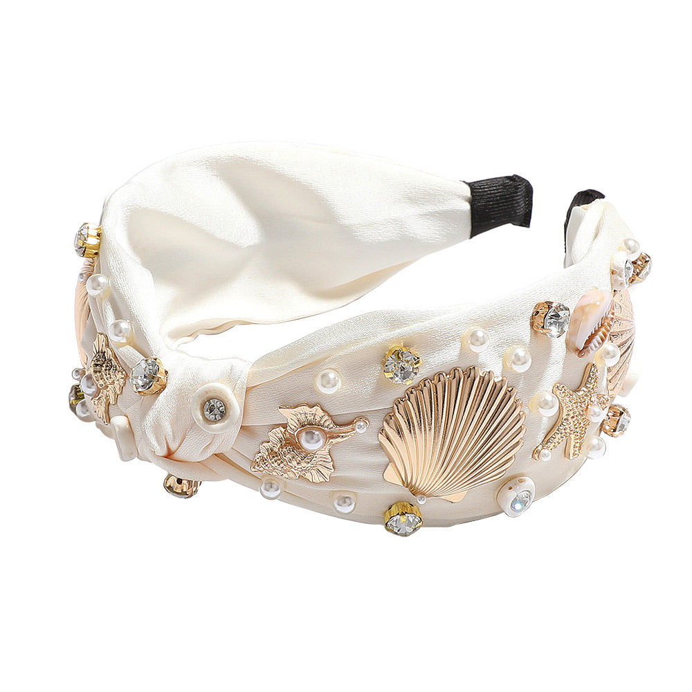 iLLASPARKZ Metal Sea Shell Starfish Puka Shell Pearl Stone Cluster Embellished Knot Headband