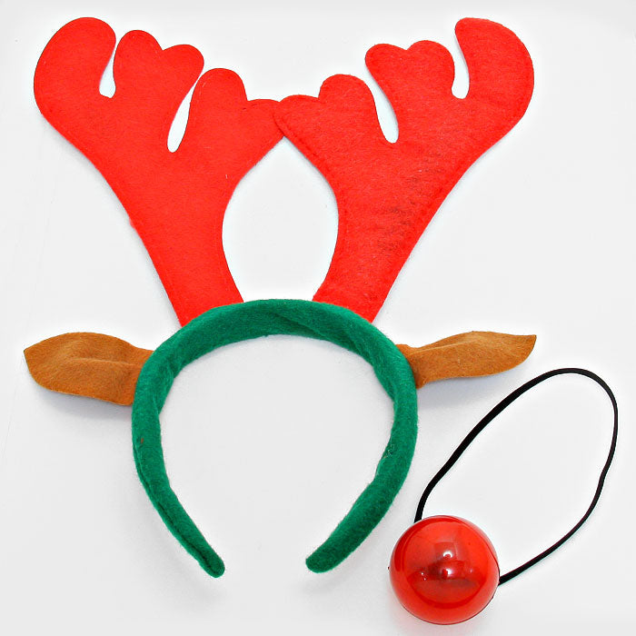 iLLASPARKZ Felt Rudolph Antlers Stretch Headband with Flash Light Up Red Nose Set