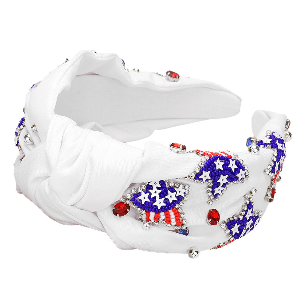 iLLASPARKZ Seed Beaded American USA Flag Star Stone Cluster Embellished Knot Headband