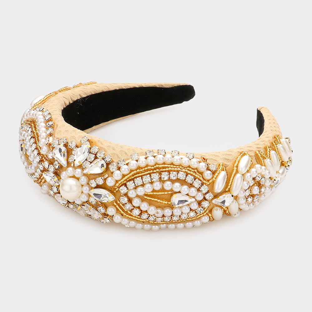 iLLASPARKZ Floral Pearl Stone Embellished Padded Headband