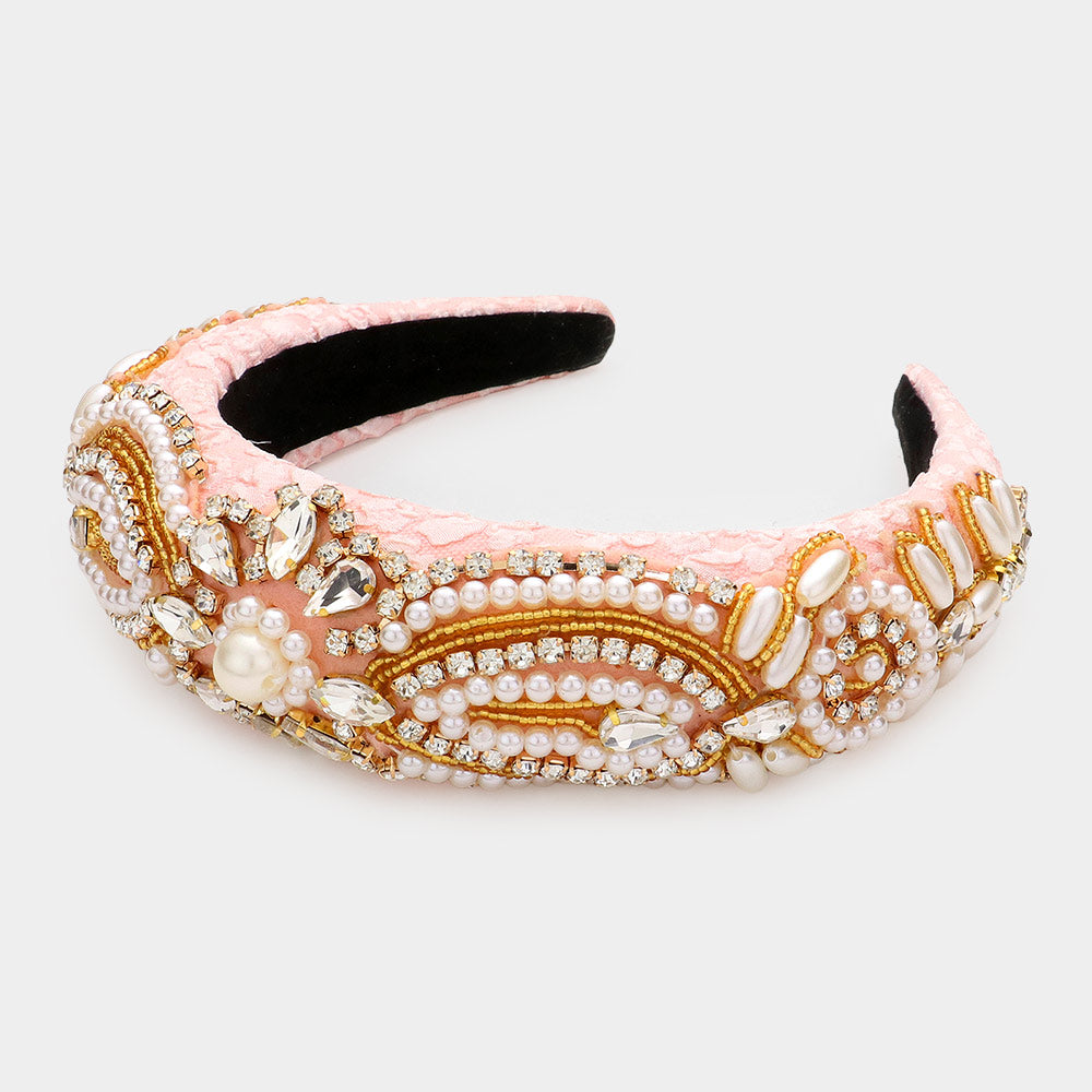 iLLASPARKZ Floral Pearl Stone Embellished Padded Headband