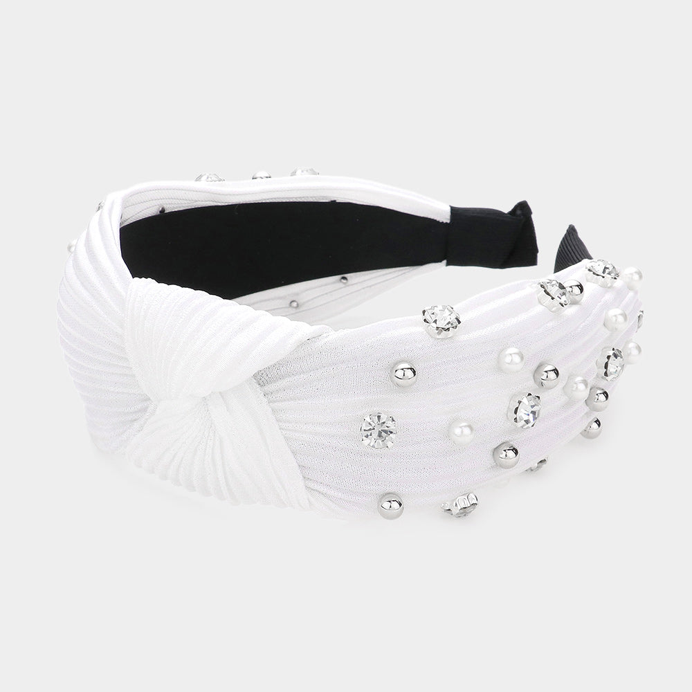 iLLASPARKZ Pearl Metal Ball Round Stone Embellished Knot Burnout Pleated Headband