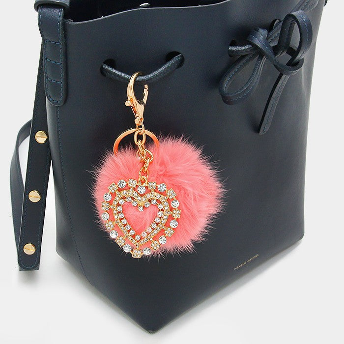 iLLASPARKZ Crystal Heart & Rabbit Fur Pom Pom Key Chain / Bag Charm