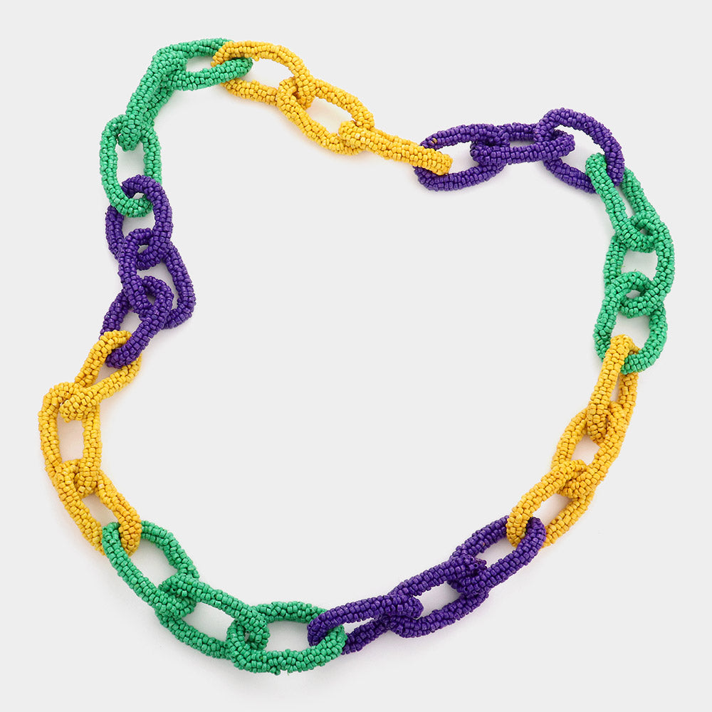 iLLASPARKZ Mardi Gras Seed Bead Oval Link Long Necklace