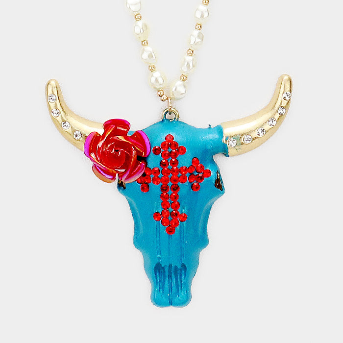 iLLASPARKZ Pearl Flower Embellished Cross Steer Head Pendant Long Necklace